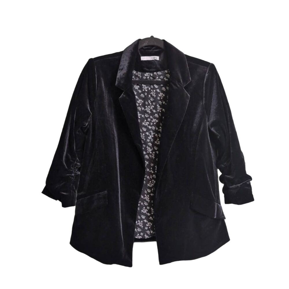 Baltic Born Brinton Velvet Blazer Black Ruched Sleeves Open Front Chic M (est)